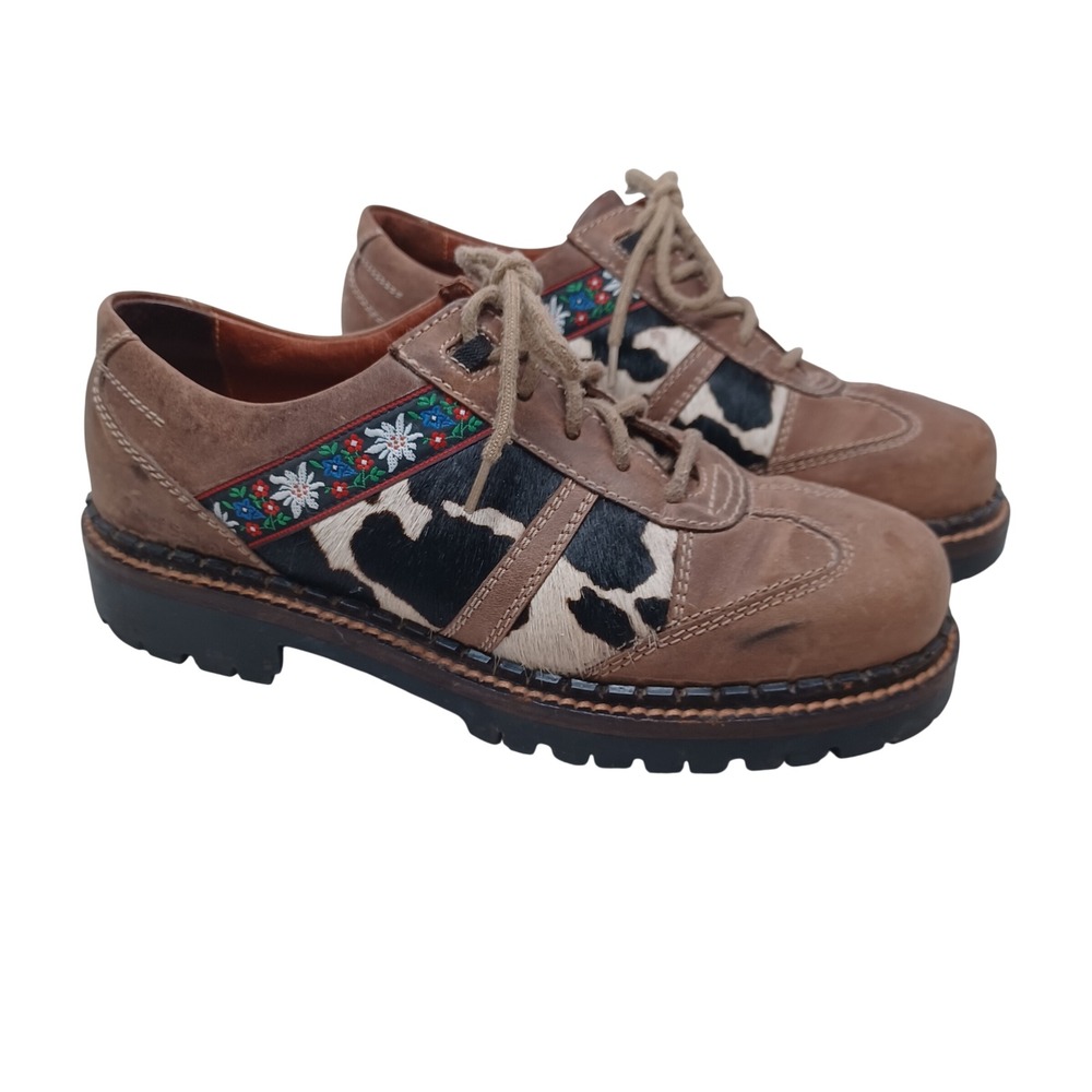 Josef Seibel Brown Leather Cow Print Calf Hair Floral Oxford Platform Shoes 38